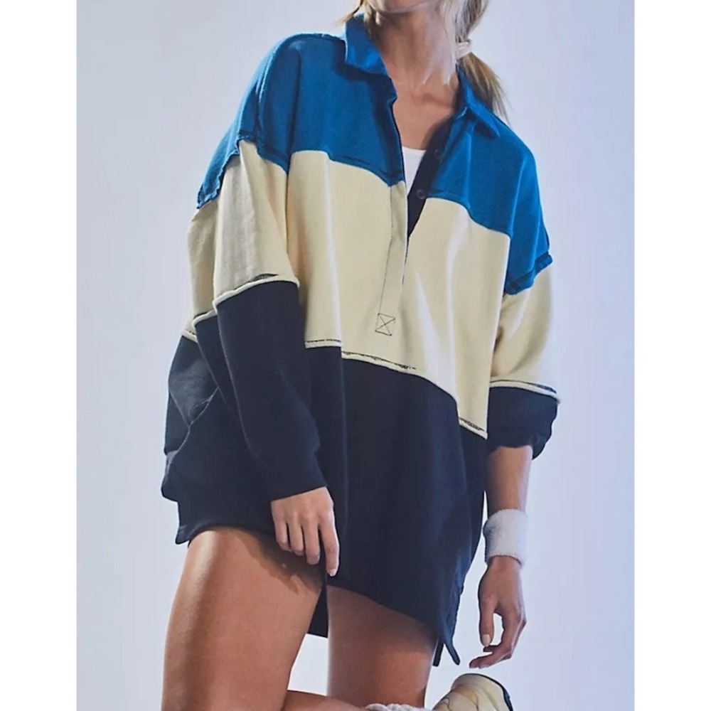 Free People Movement Rugby Shirt Womens Medium Blue Cream Black Polo Oversized